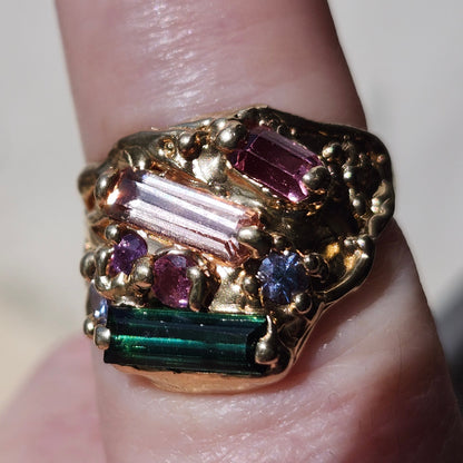 Tourmaline Trio & Spinel Custom Ring | 14kt Yellow Gold