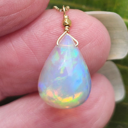 Joy | 3.20ct Ethiopian African Crystal Opal Pendant | 14kt Yellow Gold