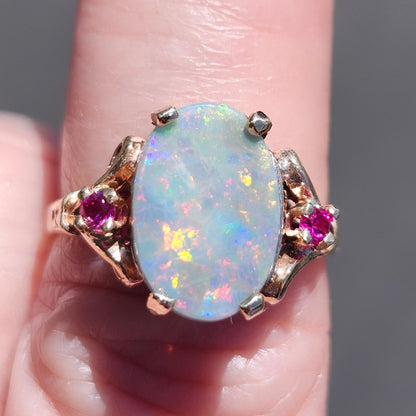 Rosie | Lightning Ridge Semi-Black Australian Opal & Ruby Estate Ring | 10kt Yellow Gold