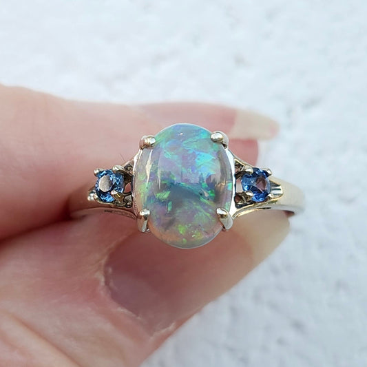 Raven | Lightning Ridge Opal & Purple Sapphire Ring | 14kt White Gold