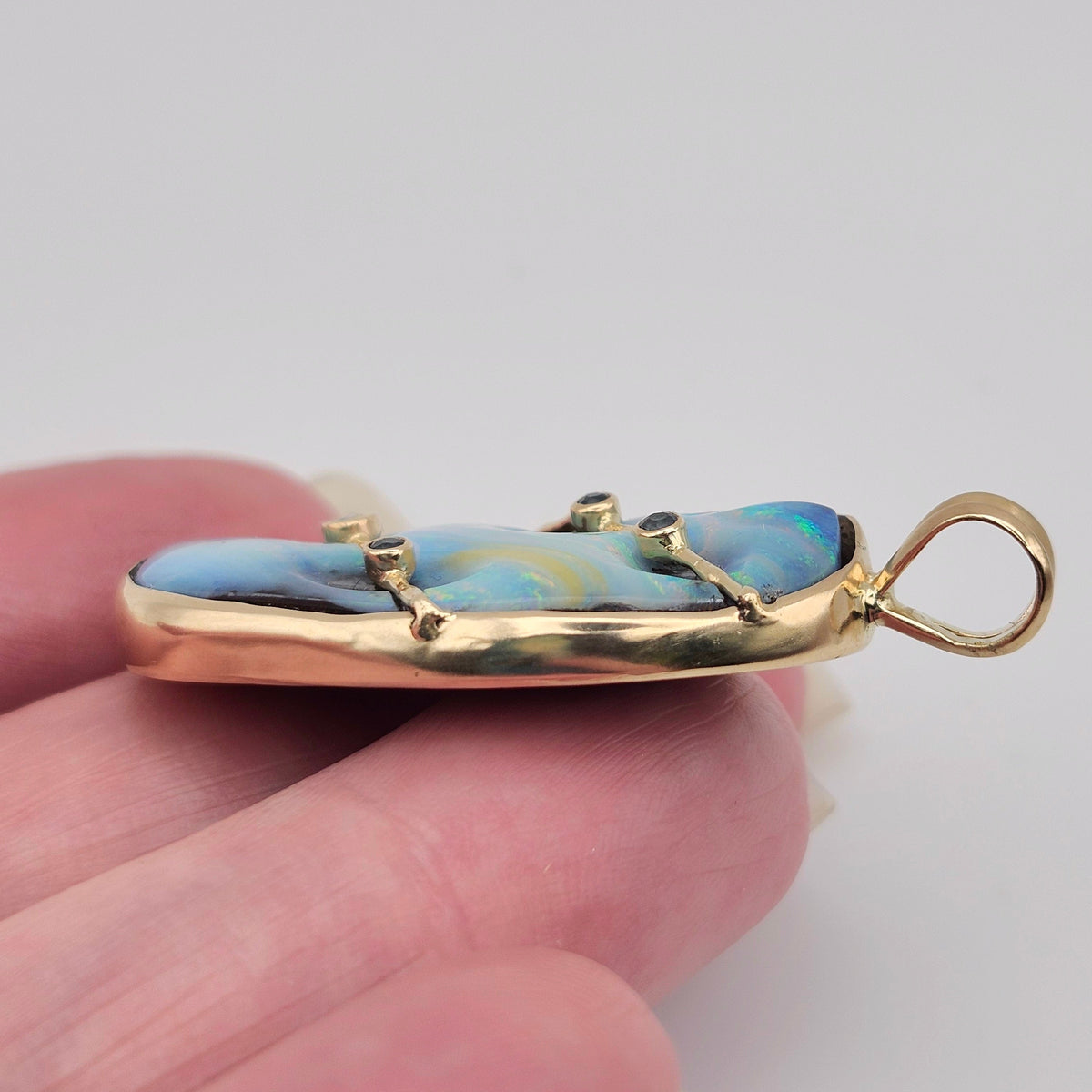Raya | Quilpie Queensland Boulder Opal and Blue Sapphire Pendant | Custom | 14kt Yellow Gold