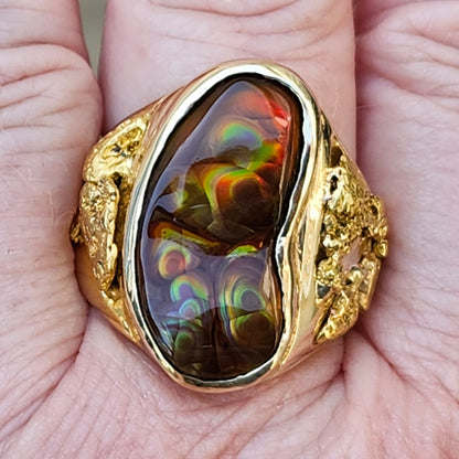 Rolling Fire | Men's 31.35 Gram Fire Agate and Gold Nugget Ring | 14kt