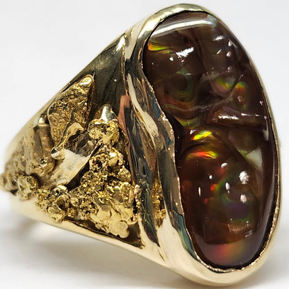 Rolling Fire | Men's 31.35 Gram Fire Agate and Gold Nugget Ring | 14kt