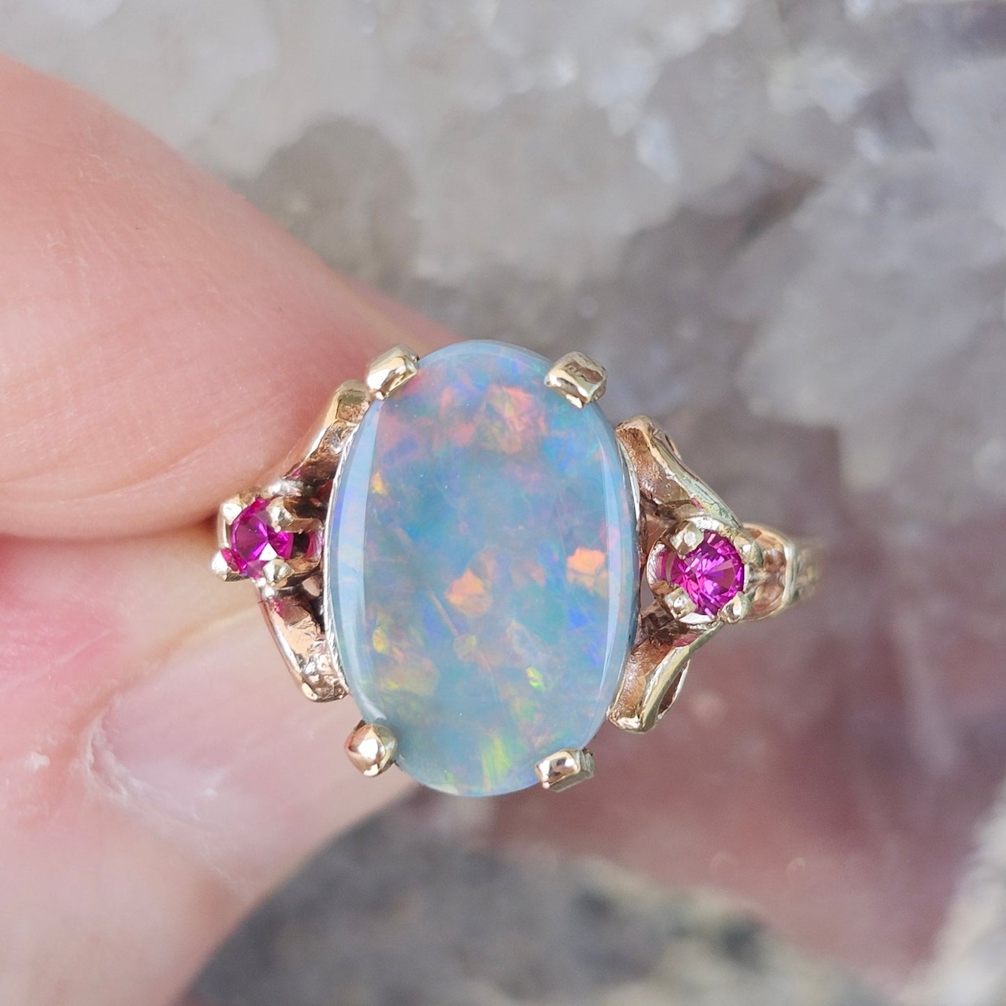 Rosie | Lightning Ridge Semi-Black Australian Opal & Ruby Estate Ring | 10kt Yellow Gold