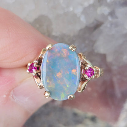 Rosie | Lightning Ridge Semi-Black Australian Opal & Ruby Estate Ring | 10kt Yellow Gold