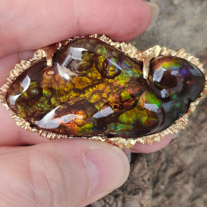 97.57ct Mexican Fire Agate Pendant | Custom Carved Cabochon | 14kt Yellow Gold