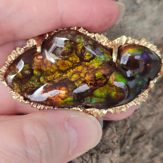 97.57ct Mexican Fire Agate Pendant | Custom Carved Cabochon | 14kt Yellow Gold