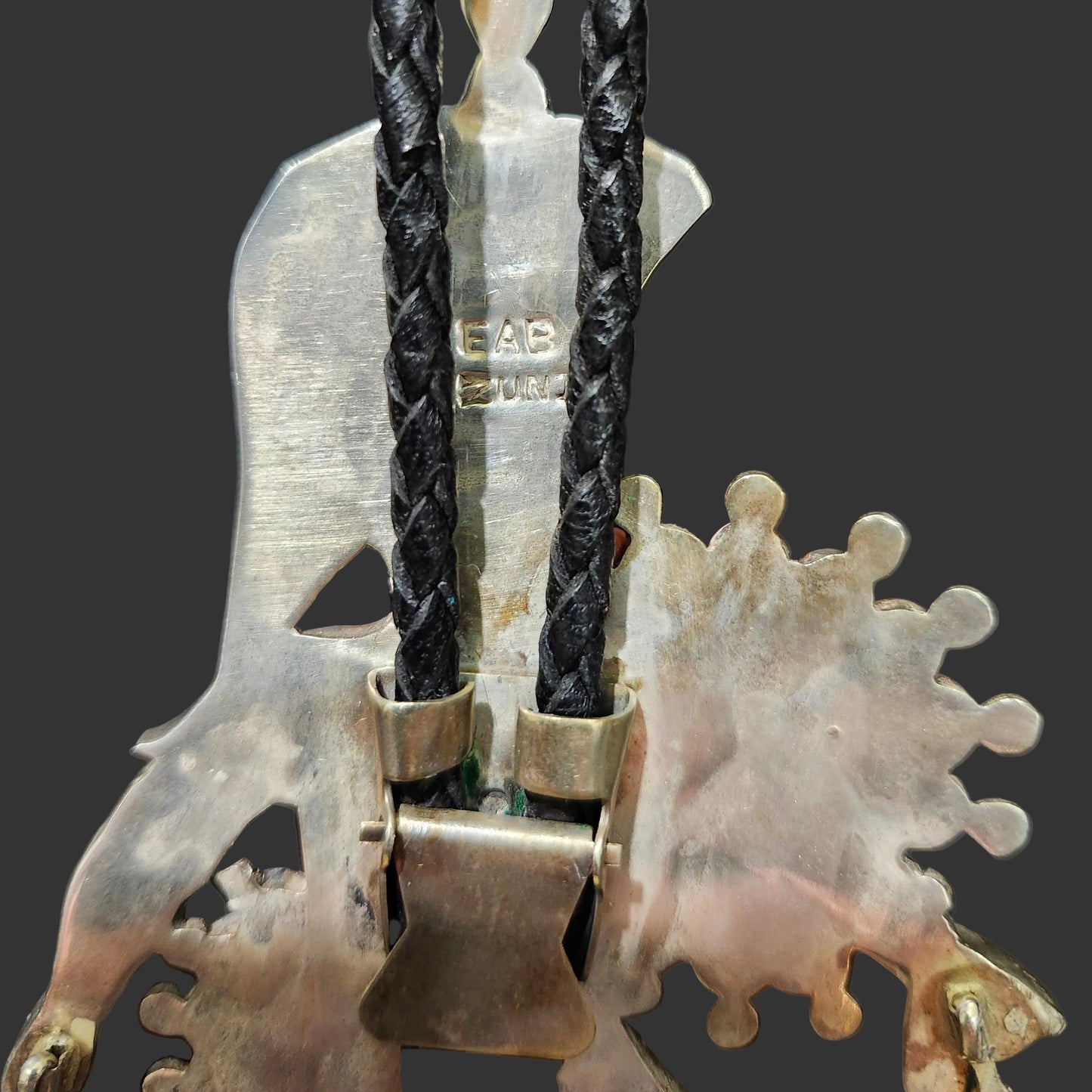 Zuni | Artist Edward Albert Beyuka | 1950's Dancer with Sun Shield Inlay Bolo Tie | Sterling Silver