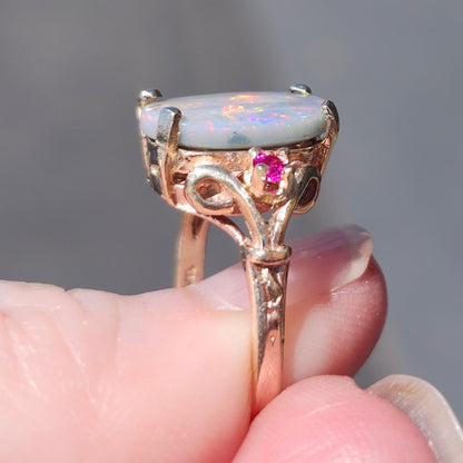 Rosie | Lightning Ridge Semi-Black Australian Opal & Ruby Estate Ring | 10kt Yellow Gold