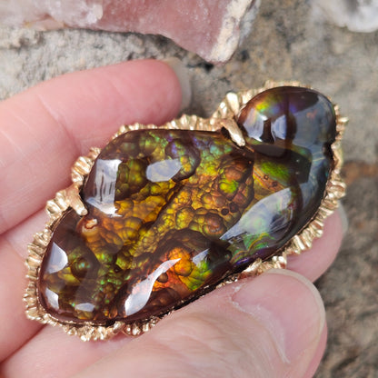 97.57ct Mexican Fire Agate Pendant | Custom Carved Cabochon | 14kt Yellow Gold