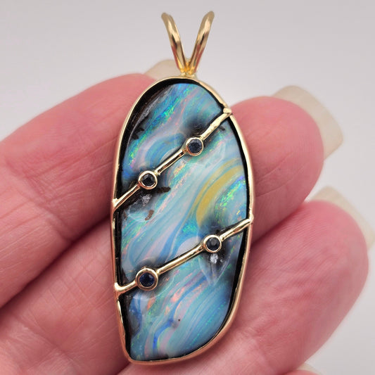 Raya | Quilpie Queensland Boulder Opal and Blue Sapphire Pendant | Custom | 14kt Yellow Gold