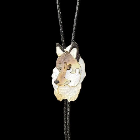 Zuni | Artist Virgil & Shirley Benn | Wolf Head Inlay Bolo Tie | Sterling Silver