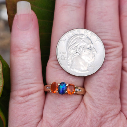 Treya | Lightning Ridge Black Opal & Mexican Fire Opal Diamond Ring | 14kt Yellow Gold