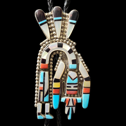 Zuni | Artist Herbert Cellicion | Rainbow Dancer Inlay Bolo Tie | Sterling Silver | Vintage 1980's