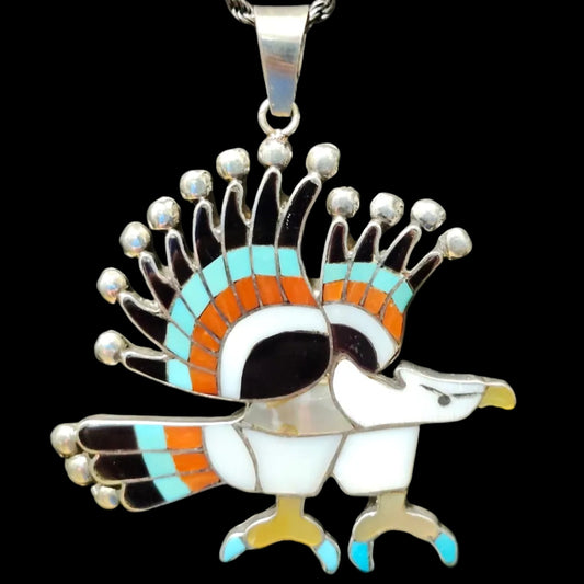 Zuni | Artist Charlotte Dishta | Eagle Inlay Pendant (Modified Bolo Tie) | Sterling Silver