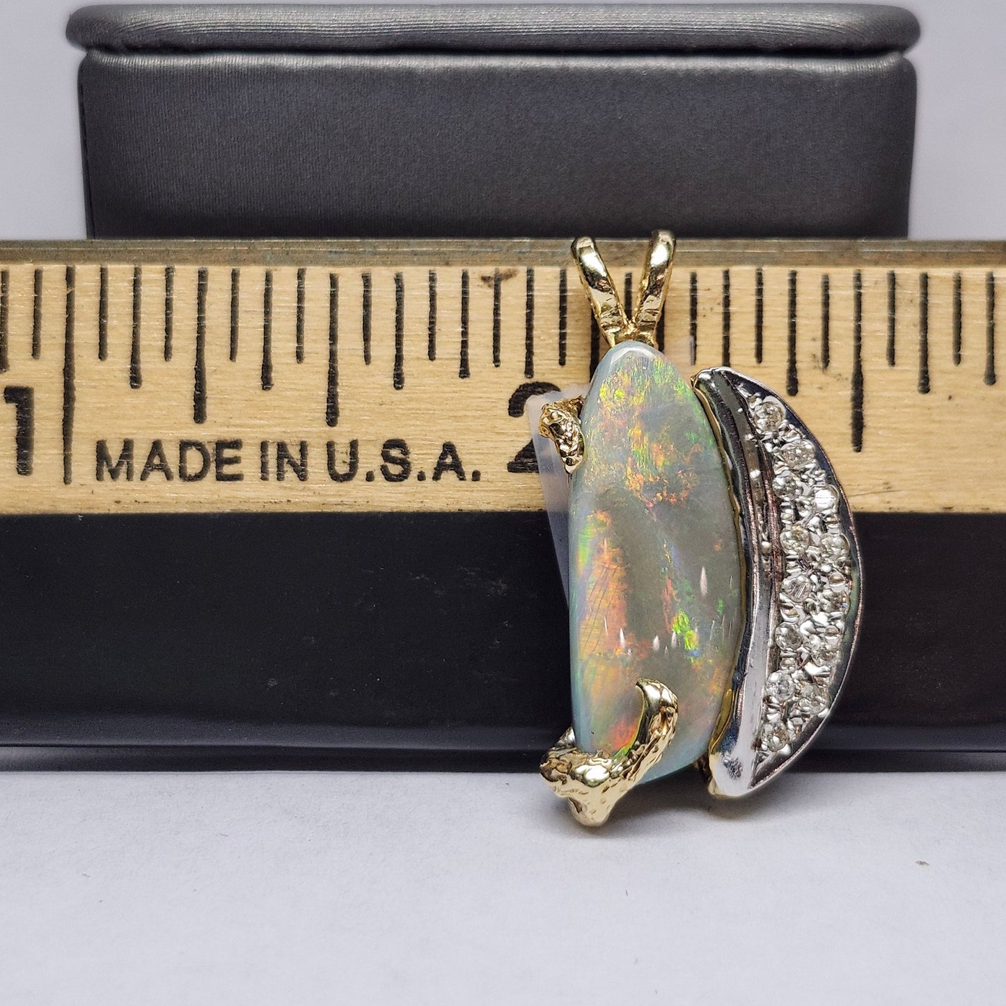 Luna | Lightning Ridge Semi-Black Opal and Diamond Pendant | Two Tone Custom Made | 14kt