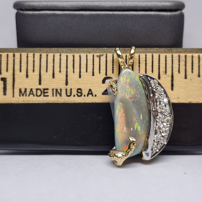 Luna | Lightning Ridge Semi-Black Opal and Diamond Pendant | Two Tone Custom Made | 14kt