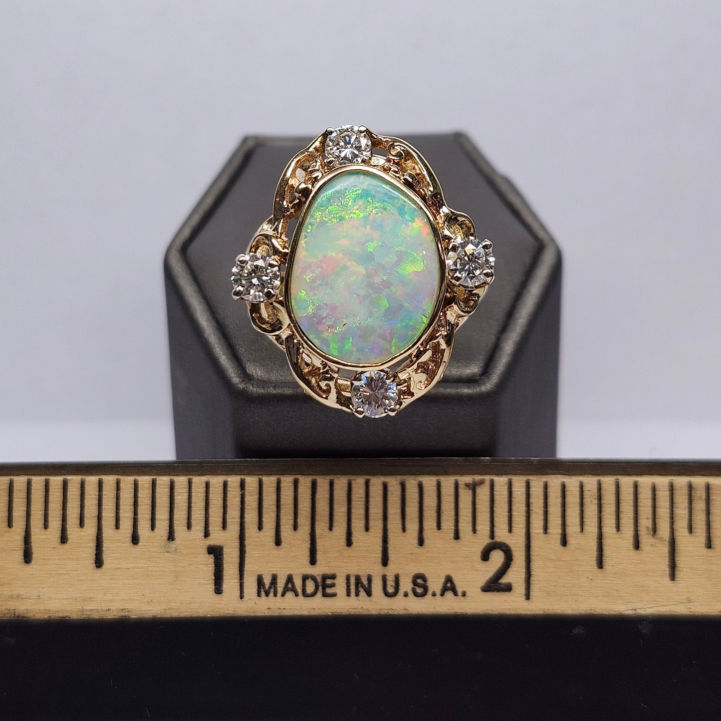 Claire | Coober Pedy Australian Crystal Opal & Diamond Ring | Estate | 14kt Yellow Gold