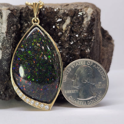 Galaxy | Honduras Black Opal and Diamond Pendant | 14kt Yellow Gold