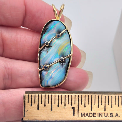 Raya | Quilpie Queensland Boulder Opal and Blue Sapphire Pendant | Custom | 14kt Yellow Gold