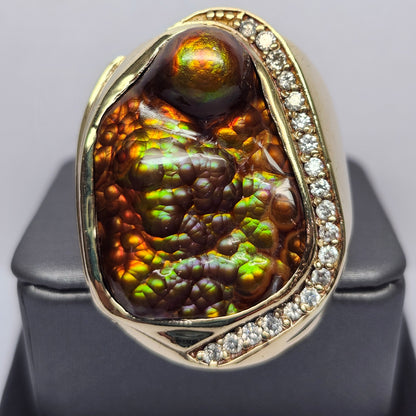 Legacy | 44.30 Gram Custom Fire Agate and Diamond Ring | 14kt Yellow Gold