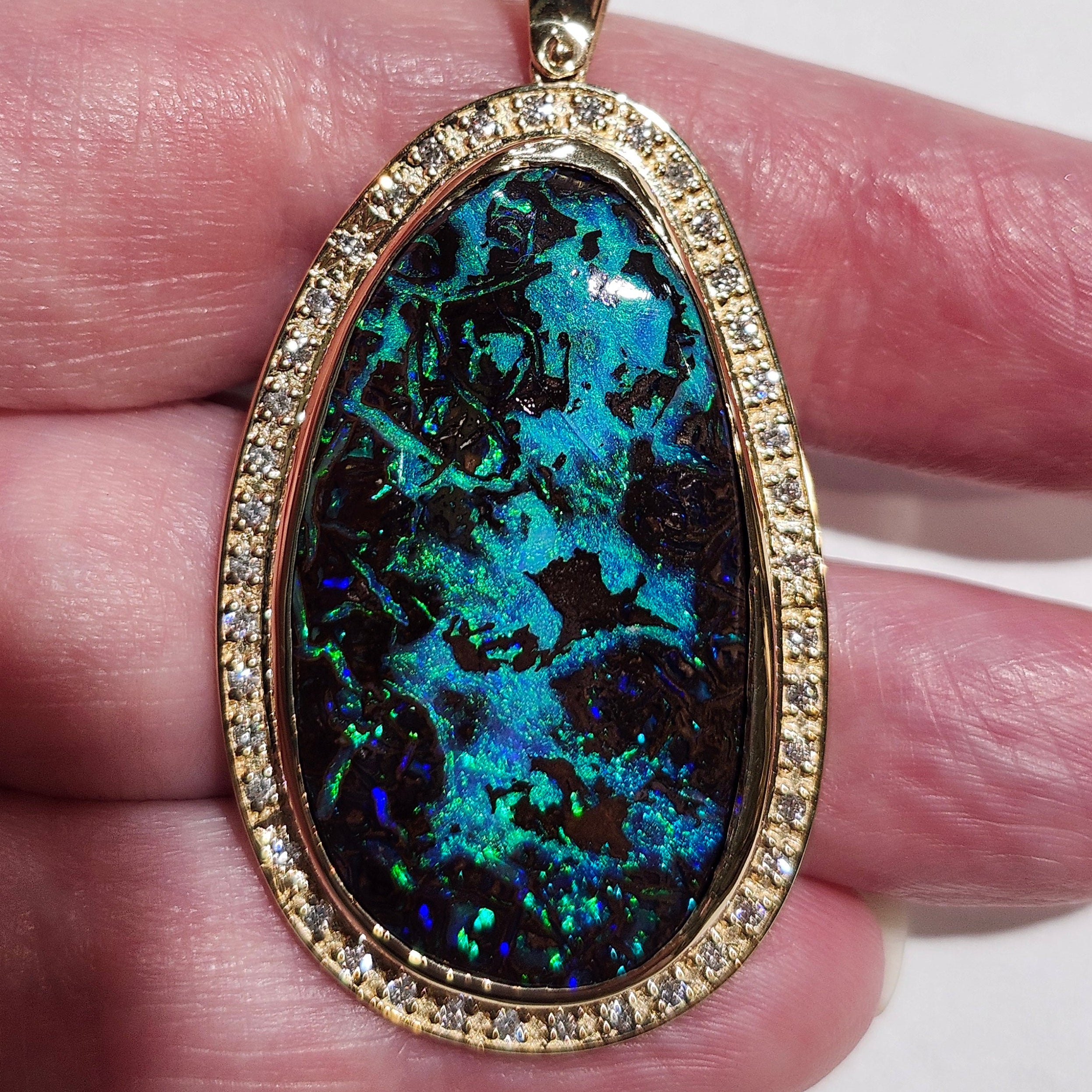 Neptune's Sea Australian Boulder Opal and Diamond Pendant | 14ky