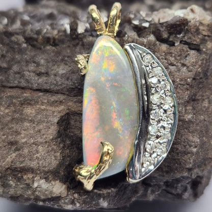 Luna | Lightning Ridge Semi-Black Opal and Diamond Pendant | Two Tone Custom Made | 14kt