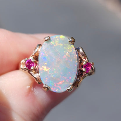 Rosie | Lightning Ridge Semi-Black Australian Opal & Ruby Estate Ring | 10kt Yellow Gold