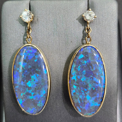 Midnight Fire | Lightning Ridge Black Crystal Opal Dangle Earrings | 14kt Gold
