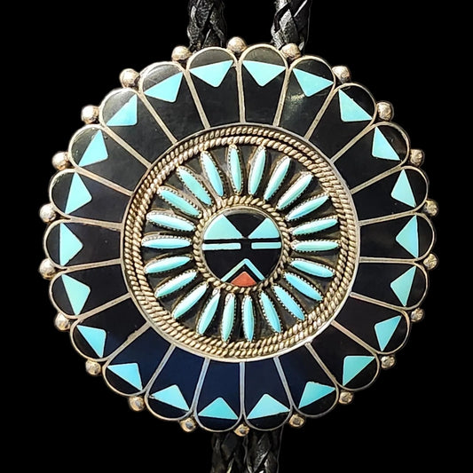 Zuni | Artist Benjamin and Shirley (Shirly) Tzuni | Turquoise and Jet Sunface Inlay Bolo Tie | Sterling Silver