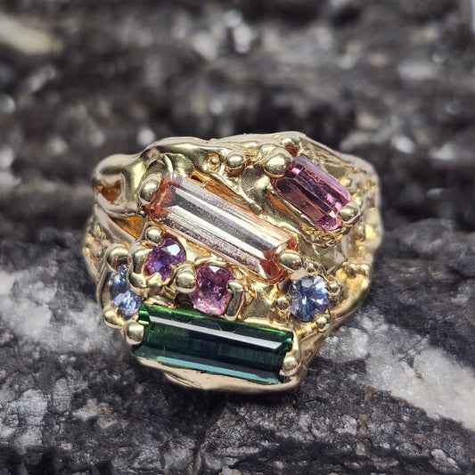Tourmaline Trio & Spinel Custom Ring | 14kt Yellow Gold