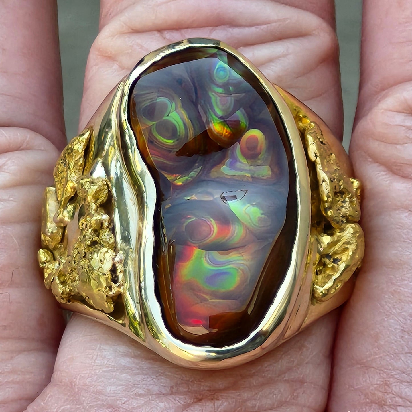 Rolling Fire | Men's 31.35 Gram Fire Agate and Gold Nugget Ring | 14kt