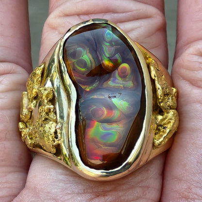 Rolling Fire | Men's 31.35 Gram Fire Agate and Gold Nugget Ring | 14kt
