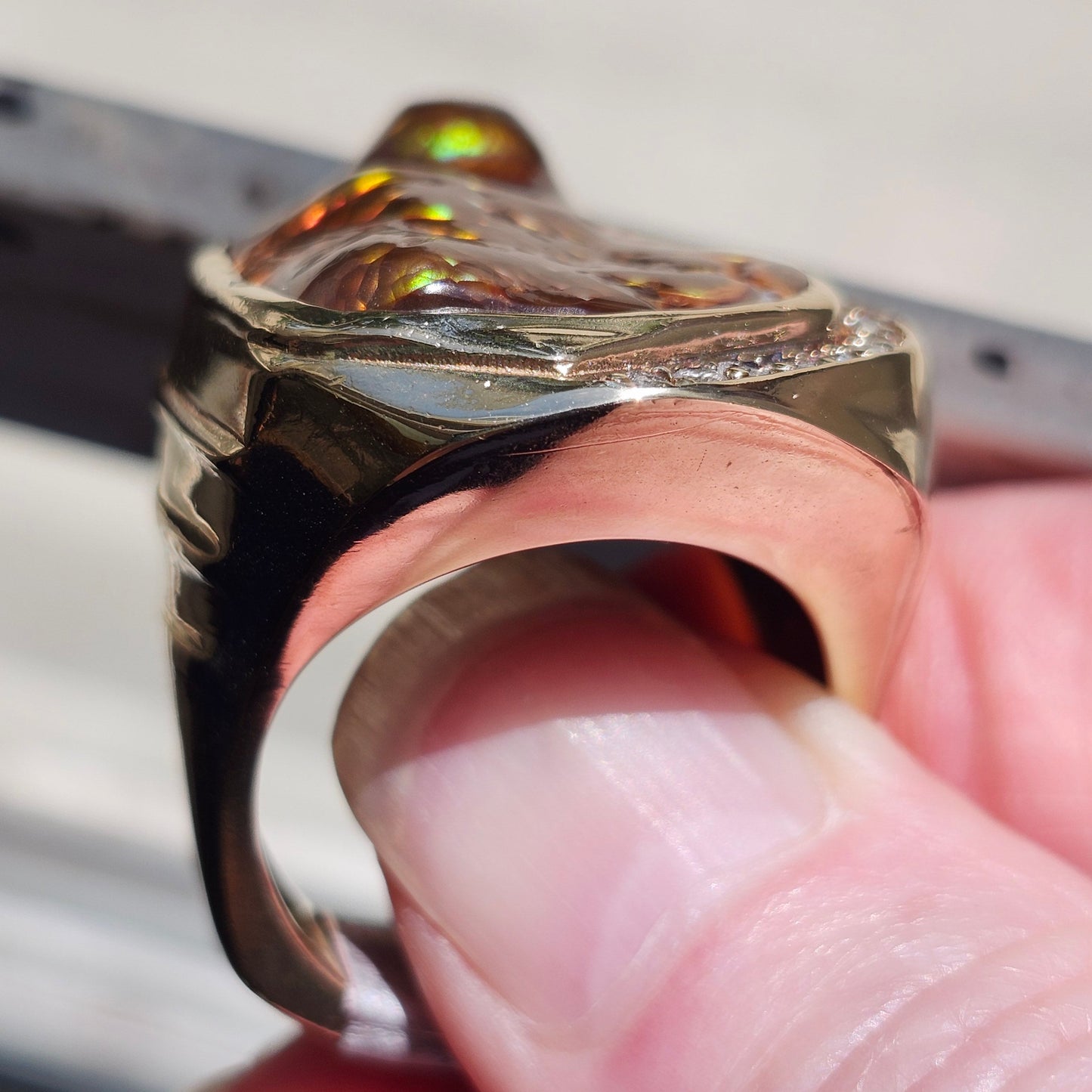 Legacy | 44.30 Gram Custom Fire Agate and Diamond Ring | 14kt Yellow Gold