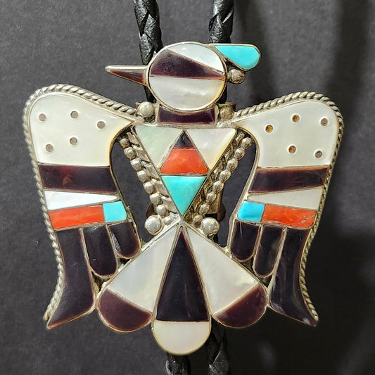 Zuni | Artist Bobby and Corraine Shack | Thunderbird Inlay Bolo Tie | Sterling Silver