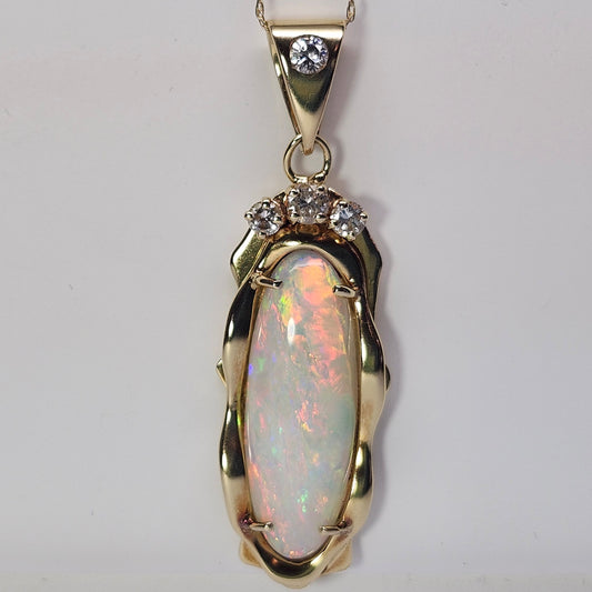 Florence | 6.86ct Coober Pedy Australian Crystal Opal and Diamond Pendant | Estate | 14kt Yellow Gold
