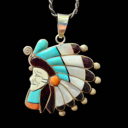 Zuni | Artist Gerlinda Quam | Chief Inlay Pendant (Modified Bolo Tie) | Sterling Silver