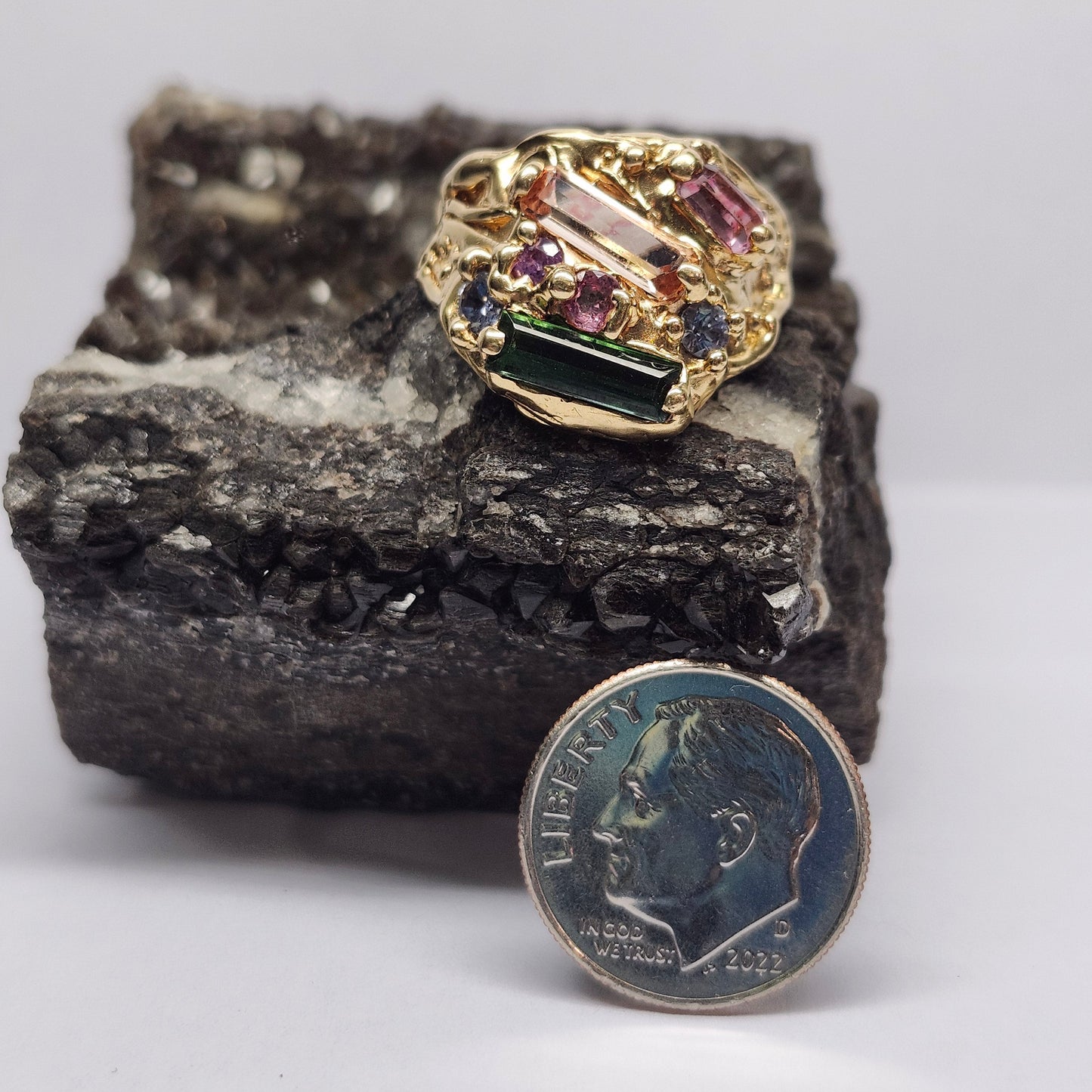 Tourmaline Trio & Spinel Custom Ring | 14kt Yellow Gold