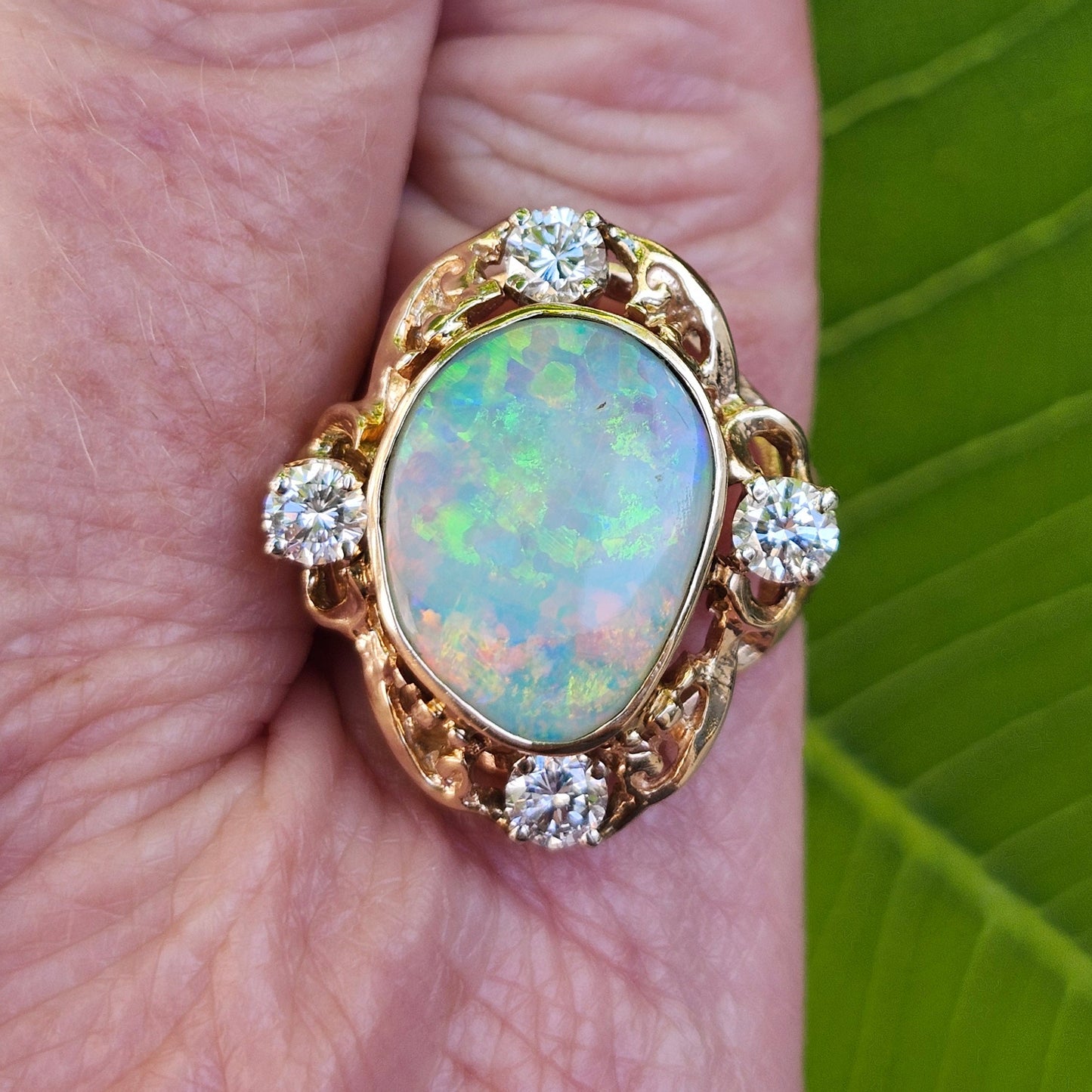 Claire | Coober Pedy Australian Crystal Opal & Diamond Ring | Estate | 14kt Yellow Gold