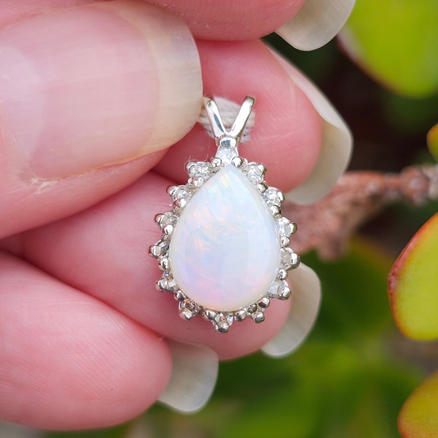 Brenna | Australian Coober Pedy Opal and Diamond Pendant | 14kt White Gold
