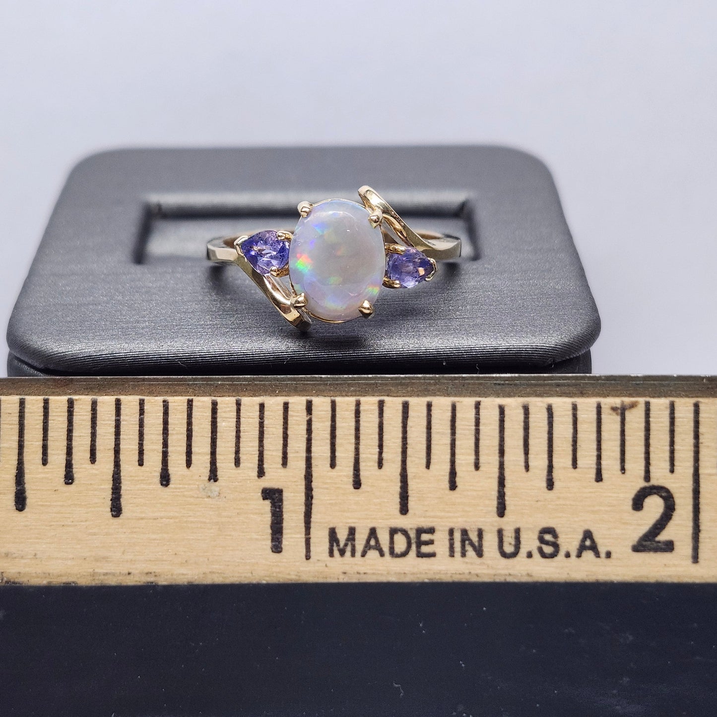 Roxa | Lightning Ridge Semi-Black Opal & Tanzanite Ring | 10kt Yellow Gold