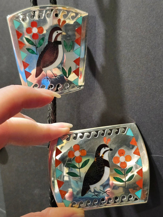 Zuni | Artist Sammy & Esther Guardian | Quail Inlay Bolo Tie & Belt Buckle Set | Sterling Silver