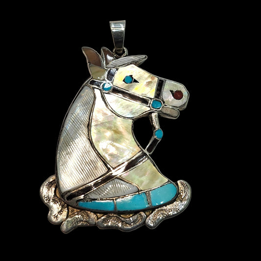 Zuni | Artist Juan Qualo | Horse Head Inlay Pendant (Modified Bolo Tie) | Sterling Silver