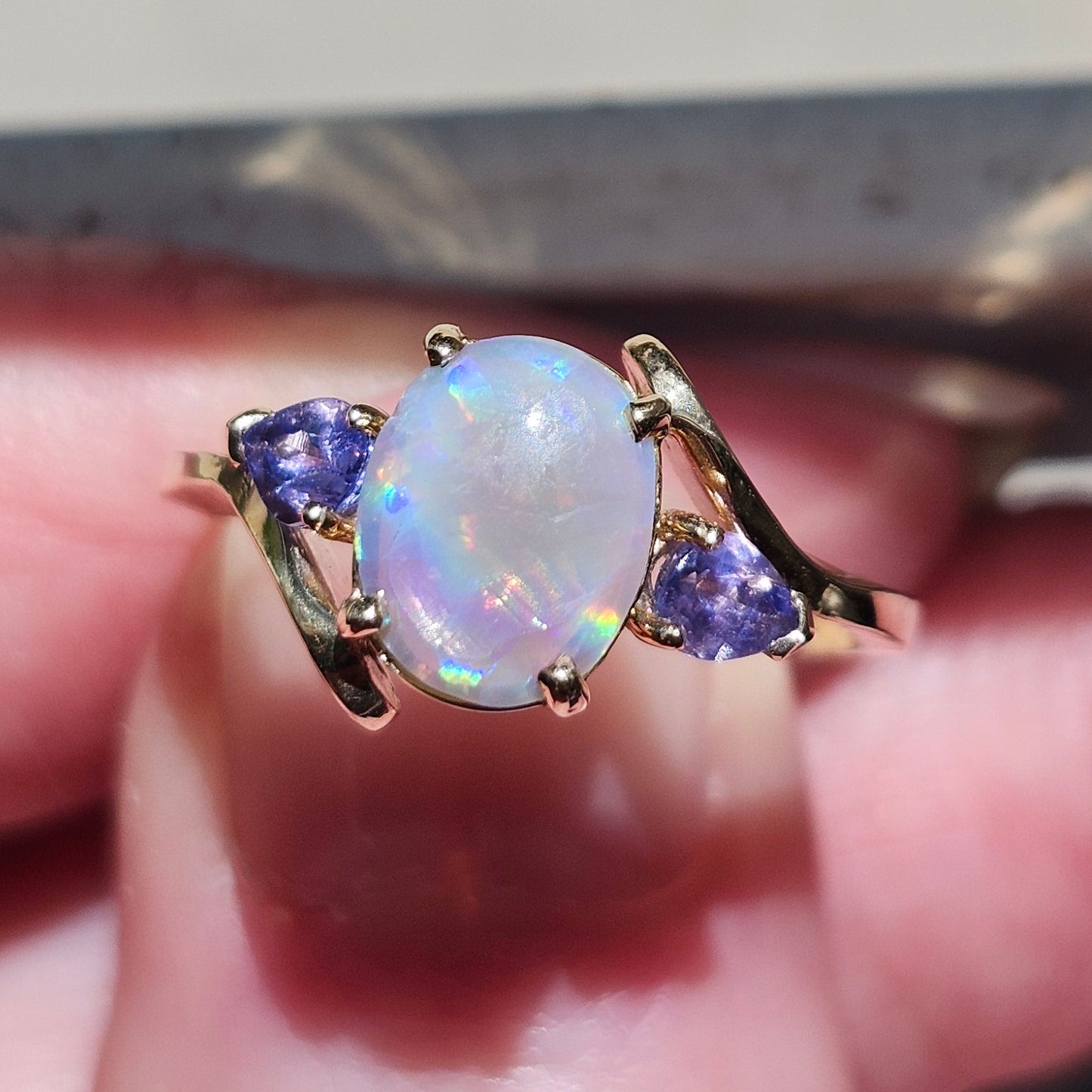 Roxa | Lightning Ridge Semi-Black Opal & Tanzanite Ring | 10kt Yellow Gold