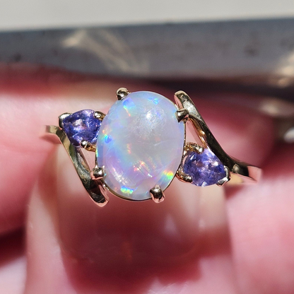 Roxa | Lightning Ridge Semi-Black Opal & Tanzanite Ring | 10kt Yellow Gold