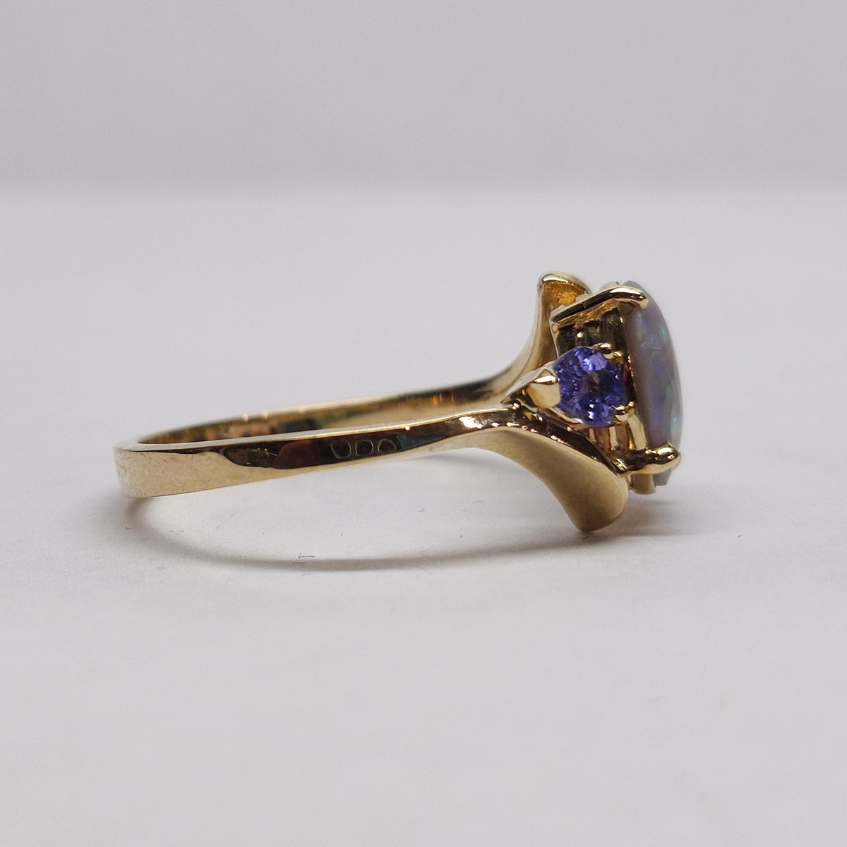 Roxa | Lightning Ridge Semi-Black Opal & Tanzanite Ring | 10kt Yellow Gold