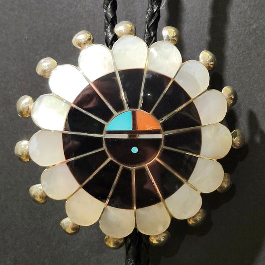 Zuni | Artist Pauline Lonjose | Sunface Inlay Bolo Tie | Sterling Silver