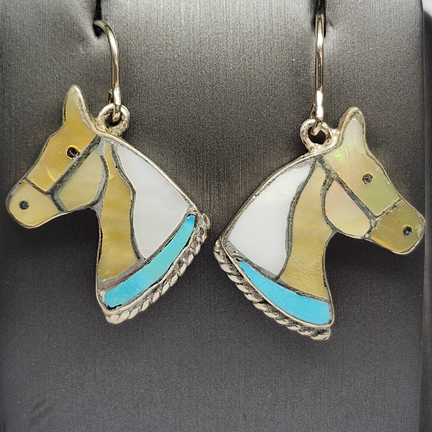 Zuni | Artist Juan Qualo | Horse Head Inlay Bolo Tip Earrings | Sterling Silver