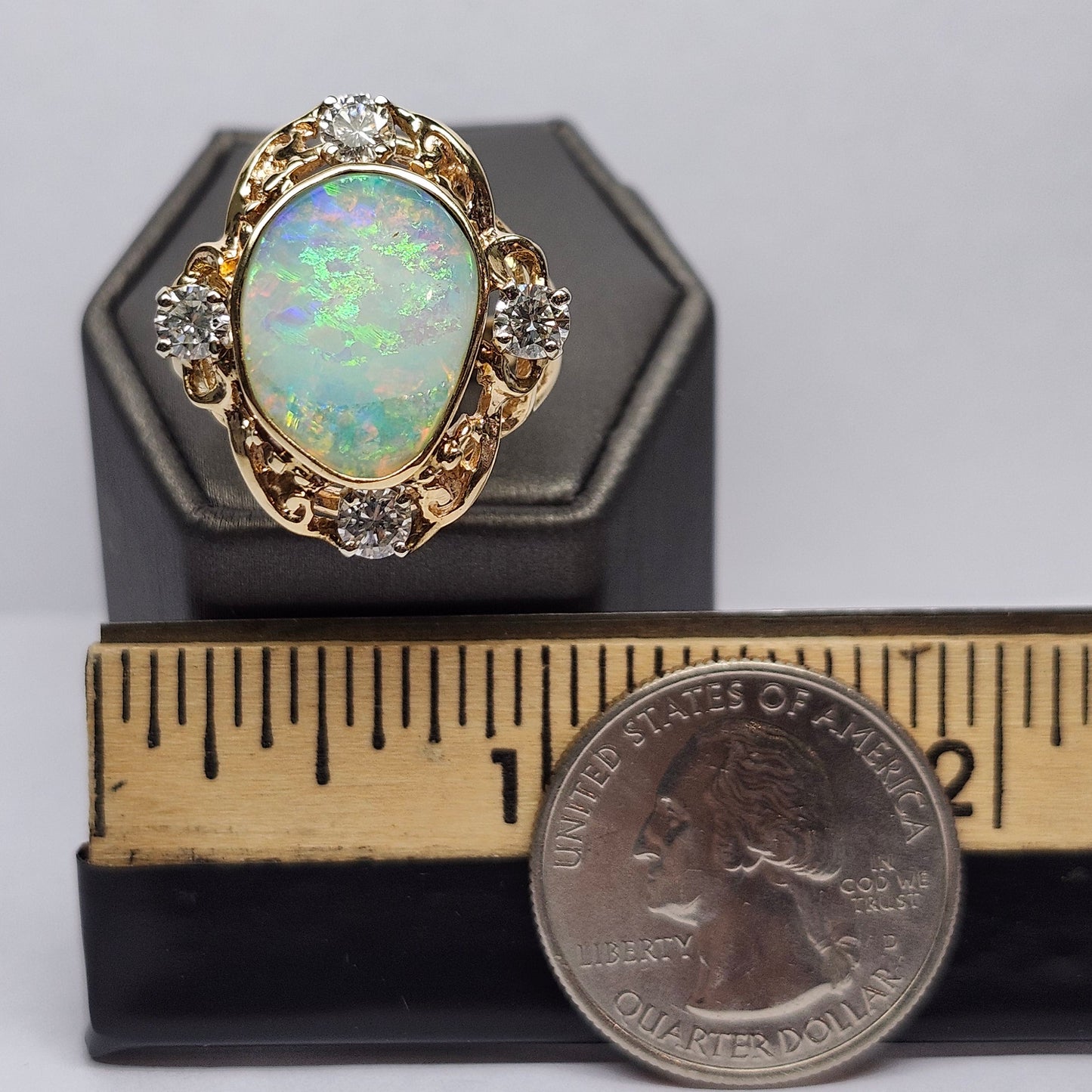 Claire | Coober Pedy Australian Crystal Opal & Diamond Ring | Estate | 14kt Yellow Gold