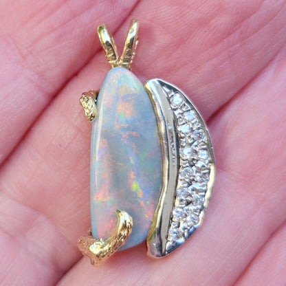 Luna | Lightning Ridge Semi-Black Opal and Diamond Pendant | Two Tone Custom Made | 14kt